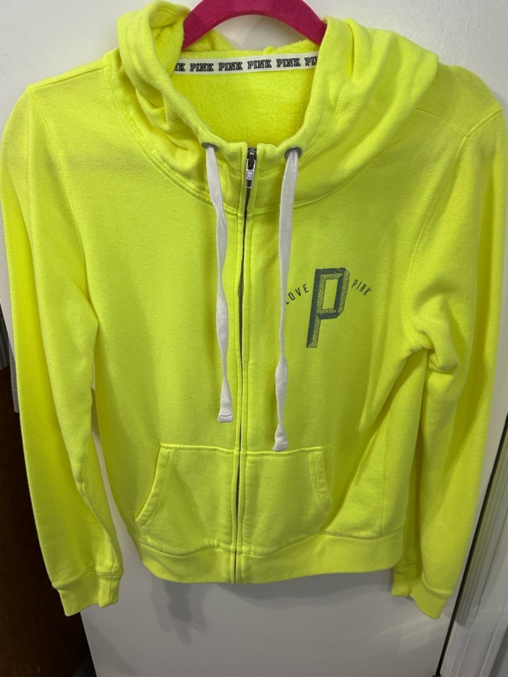 PINK Love PINK Neon Yellow Zip-Up Hoodie Victoria’s Secret Vintage Size Medium